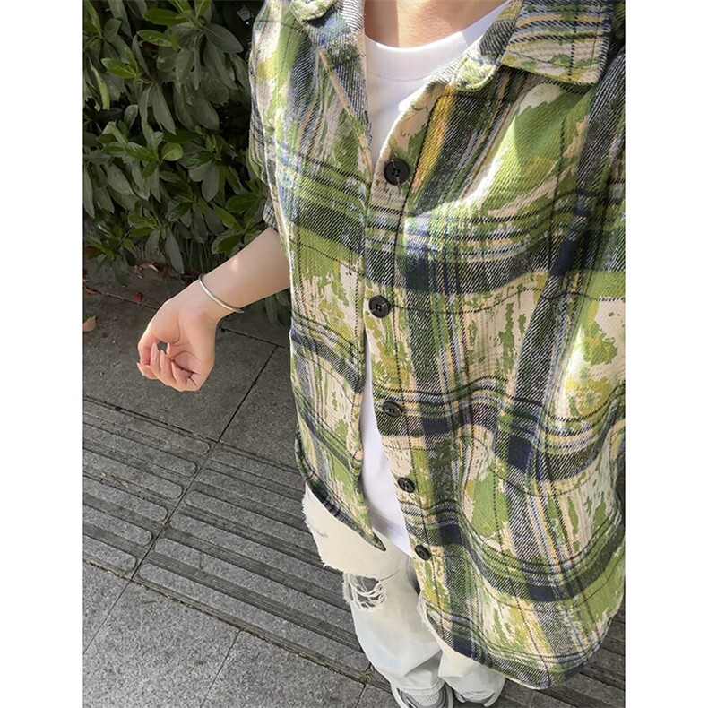 绿色扎染格子衬衫男秋季高级感痞帅格纹长袖衬衣美式复古情侣外套，男装衬衫，电商基地A086