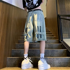 1506/Q7130/P39黄泥色复古五分裤潮牌高街设计感拉链中裤子，男装牛仔裤，星座1506