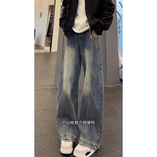 1506/Q5840/P49复古蓝斜切阔腿牛仔裤男款弯刀裤子cleanfit长裤，男装牛仔裤，星座1506
