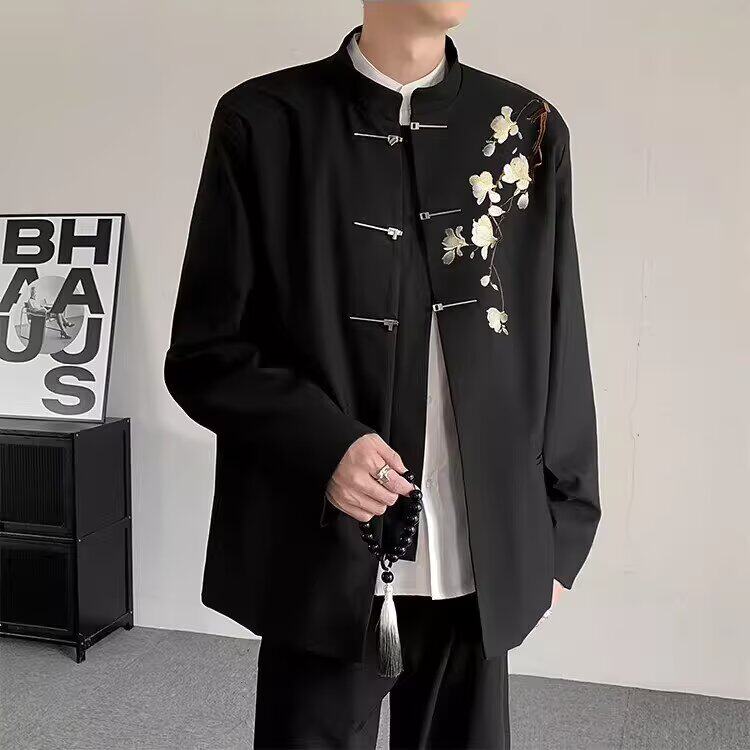 新中式重工刺绣玉兰花中山装男立领盘扣唐装便服金属扣西服薄外套,男装西服,星座506A