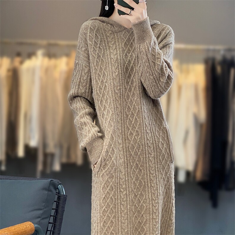 25秋冬羊绒毛衣中长款连衣裙女过膝羊毛针织毛衣裙打底连帽长裙,女装连衣裙,蒙莲贝斯