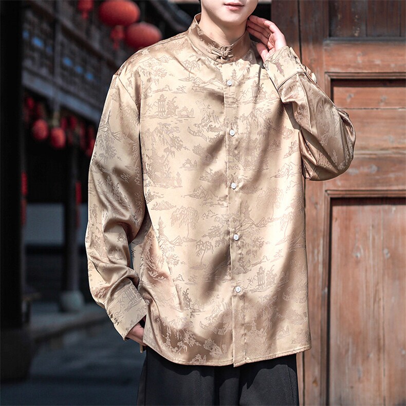 现货风长袖盘扣提花新中式衬衫CS01-P75控98,男装衬衫,电商A021