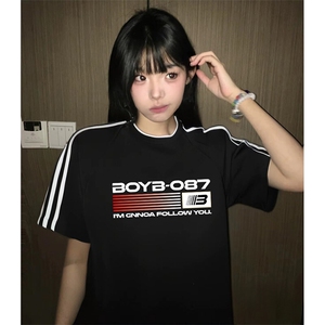 抖音得物高品质二开240克宽松纯棉美式潮牌三条杠织带短袖T恤图片
