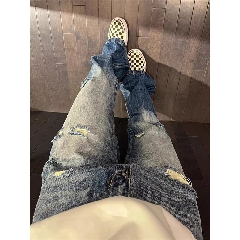 水洗闪电纹牛仔裤男美式vibe宽松显瘦破洞裤子直筒微喇裤,男装牛仔裤,星座410-7