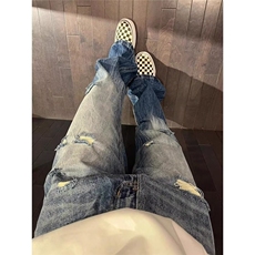 水洗闪电纹牛仔裤男美式vibe宽松显瘦破洞裤子直筒微喇裤，男装牛仔裤，星座410-7