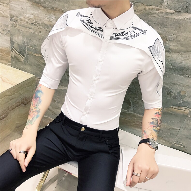 19春韩版修身衬衫发型师七分袖工作服个性拼接中袖102A-D56,男装衬衫,星座419（原A233）