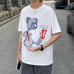 港风新款小熊印花T恤男夏季韩版百搭短袖休闲纯棉中袖T122P35控49图片