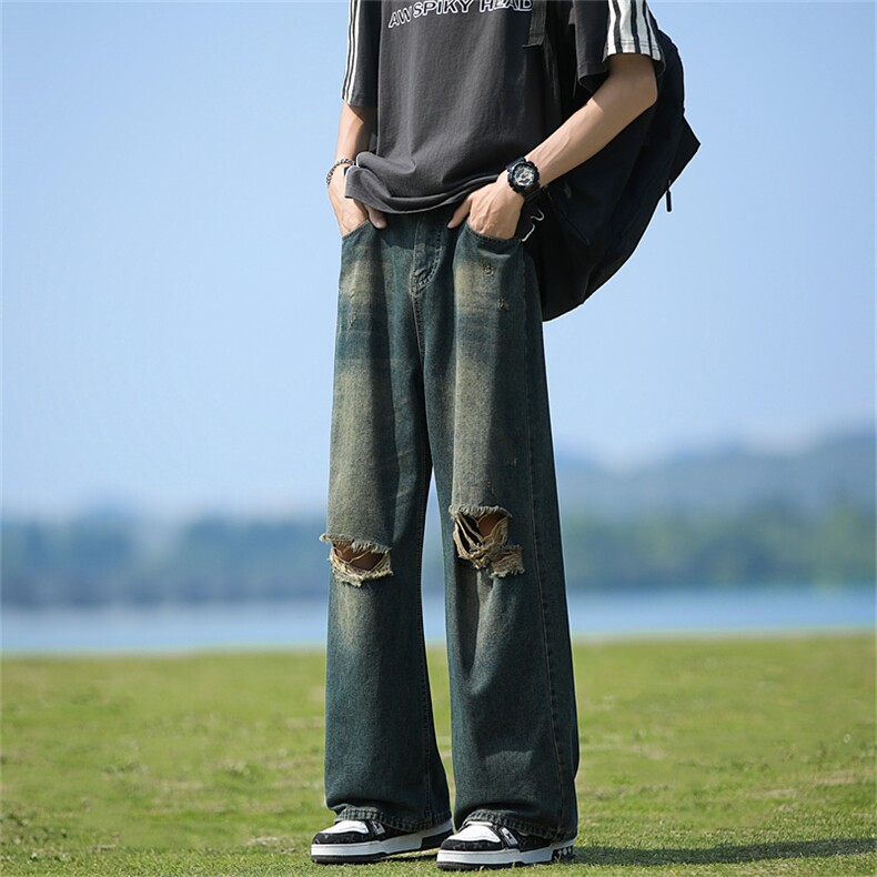 牛仔裤男夏季薄款美式高街vibe风破洞宽松休闲长裤子N0229-P45,男装牛仔裤,星座308B-2