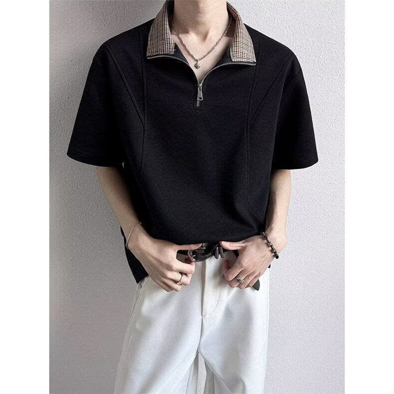 夏季新短袖拉链复古撞色格纹翻领POLO衫男宽松上衣513DT3506P32,男装T恤,星座513