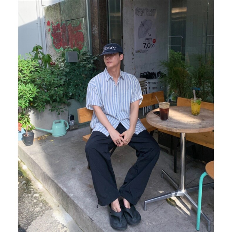 2025新款韩版潮流男士衬衣轻熟风时尚条纹短袖衬衫905P45,男装衬衫,星座710