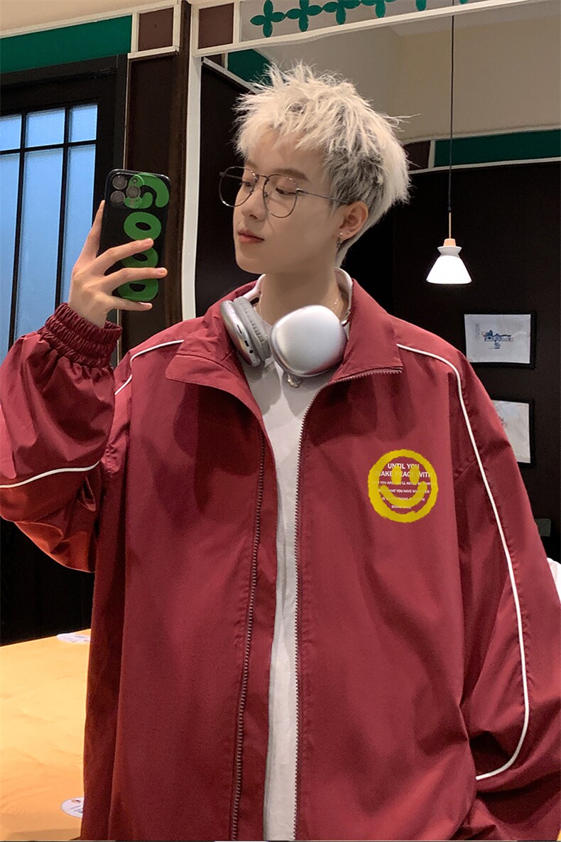 港风24新款春季时尚立领撞色笑脸印花夹克外套潮流F348P65控88,男装夹克,电商A247