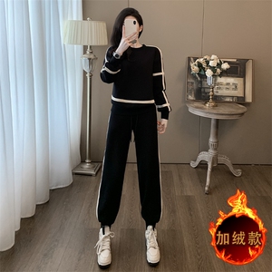 女秋冬新款宽松撞色圆领卫衣卫裤两件套图片