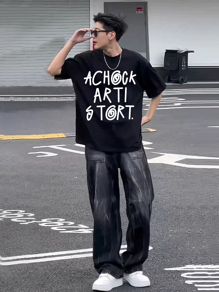 复古高街字母印花短袖男款夏季涂鸦设计高级感潮流cleanfit半袖衫,男装T恤,星座809A(原222-1)