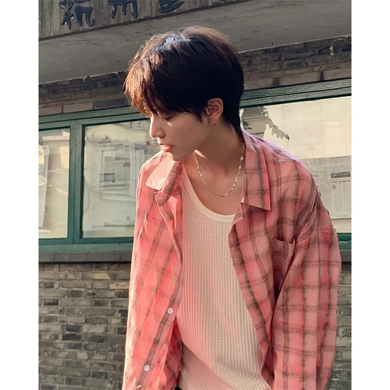 现货~夏季宽松休闲防晒衬衣美式格子褶皱长袖衬衫CS003-P45，男装防晒衣，星座1004-3