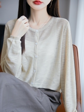 夏季轻薄薄款长袖披肩空调防晒宽松女针织衫圆领，女装针织衫/毛衣，丹芙娇羊绒