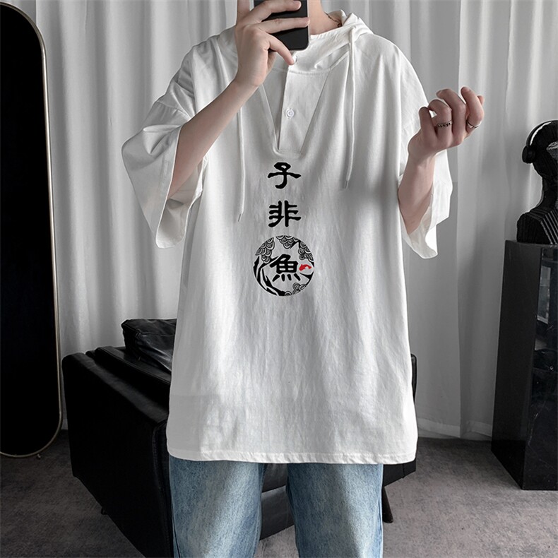 LD54070-P45连帽短袖t恤男大码胖子带帽五分袖中袖,男装T恤,电商A040