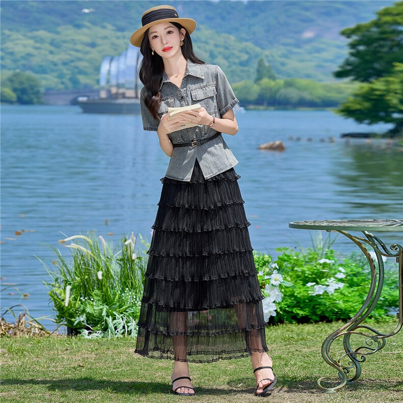 （新款现货）2026夏时尚薄牛仔短袖上衣+蛋糕纱裙两件套（配腰带,女装套装/套裙,印象茜