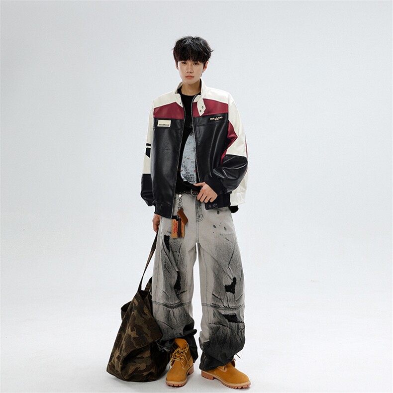 美式pu皮衣外套男拼接撞色机车骑行赛车服飞行员夹克JK08574-P73,男装皮衣,星座308B-2