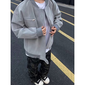 复古仿麂皮绒皮衣外套男款秋季飞行员棒球服机车夹克 JQ10图片
