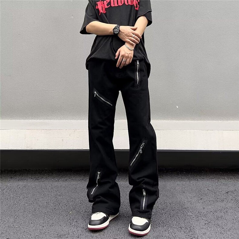 美式高街Vibe风拉链小众设计感牛仔裤男女9分裤喇叭裤阔腿裤~K403图片