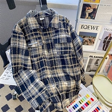 美式街头小香风红格子毛呢外套男女春秋季复古宽松外搭开衫上衣潮，男装夹克，星座601-2