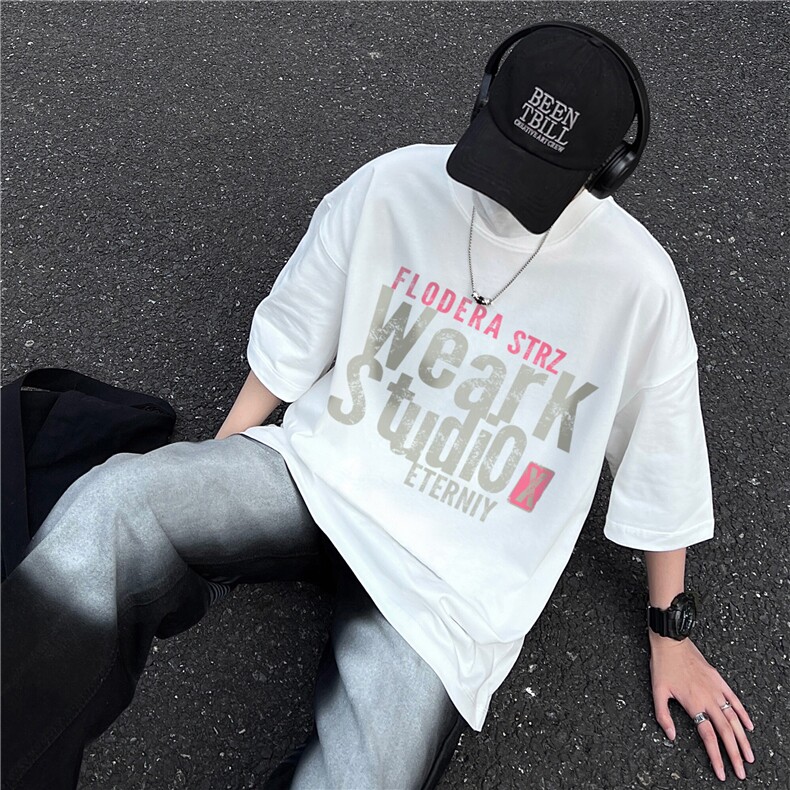 重磅美式高街印花纯棉大码宽松休闲短袖T恤T2510-P25控38,男装T恤,电商B219A