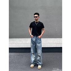 美式复古潮流破洞牛仔裤男款刮烂破坏宽松水洗直筒阔腿裤拖地长裤，男装牛仔裤，星座410-7
