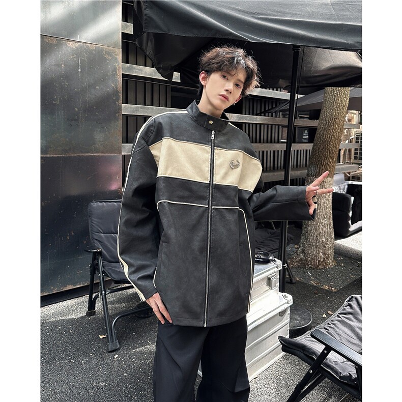 JK8547-P73撞色拼接皮衣外套男春秋季vintage美式夹克高级感,男装夹克,电商B323A