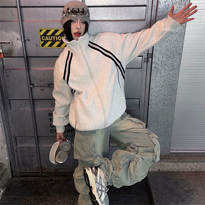 抖音得物高品质二开25秋冬美式重磅结构织带撞色立领卫衣外套W70，男装卫衣，电商A486-1