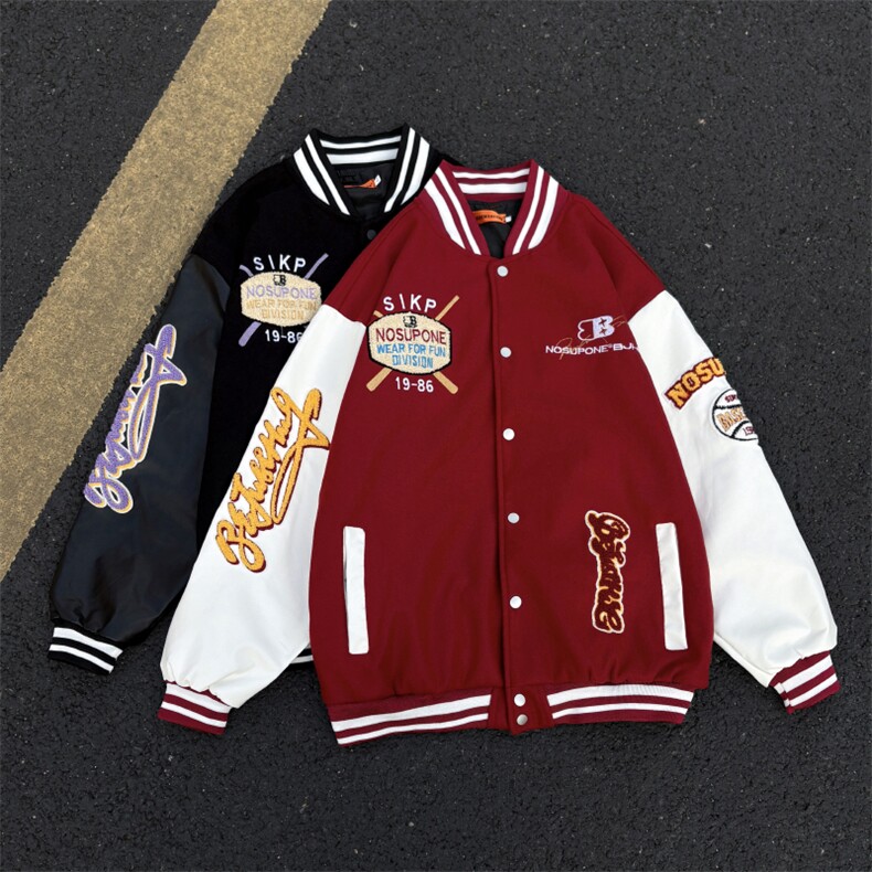 港风秋款男立领皮袖刺绣棒球服夹克外套JK164 P70图片