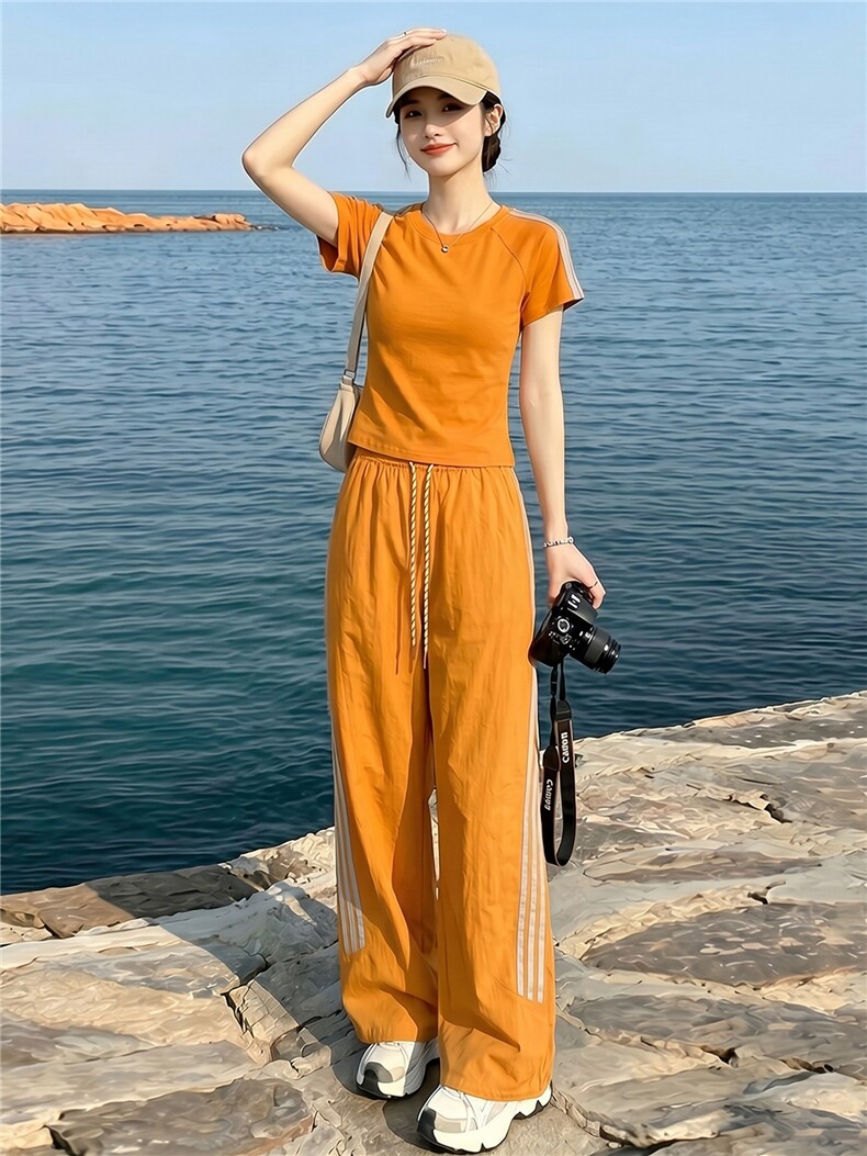 高级感时尚休闲套装女夏季新款高级感圆领短袖上衣束脚长裤两件套,女装套装/套裙,江南