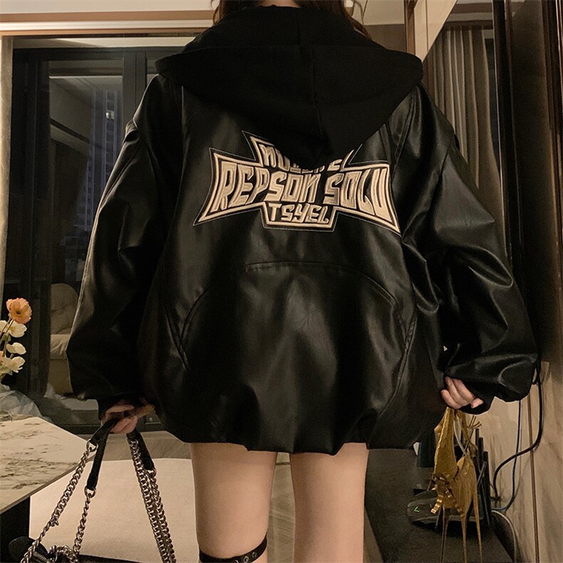 A344-P135美式复古皮衣字母刺绣宽松皮衣外套PU皮夹克潮,男装夹克,星座911