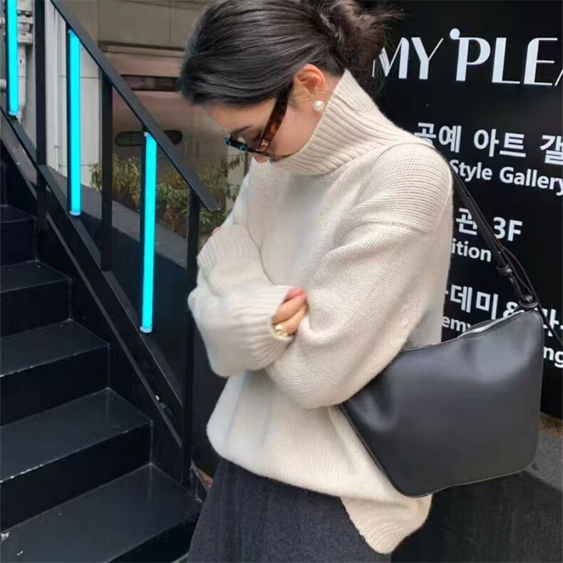 时尚百搭女士落肩高领羊毛衫羊毛保暖显瘦毛衣,女装羊毛衫,旭驰羊绒