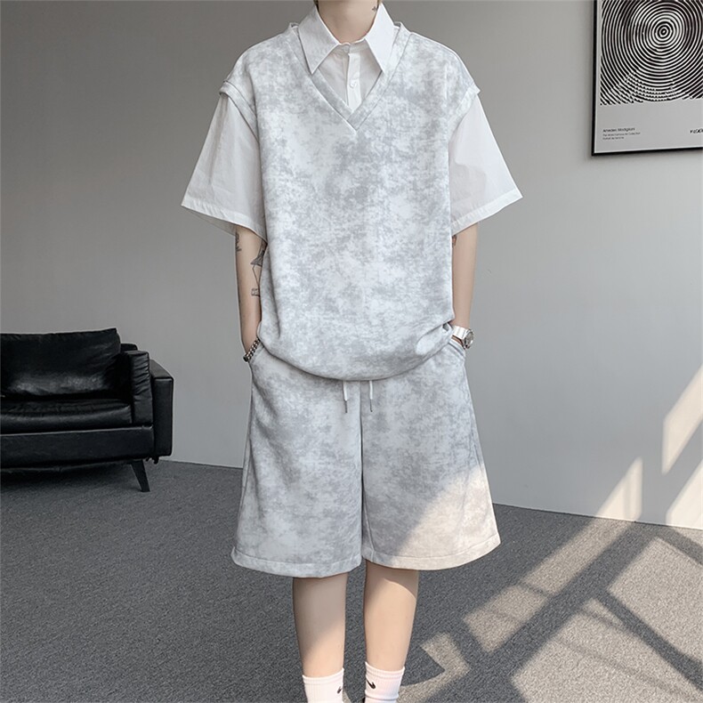 扎染套装西装领休闲春夏套装短袖短裤潮流休闲套装扎染面料特P65,男装休闲套装,电商B319