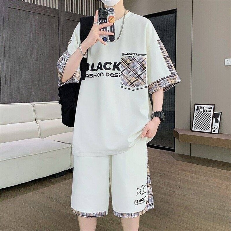 TZ25353-P55夏季休闲T恤短裤男两件套青少年学生运动短袖套装,男装牛仔裤,电商D310B