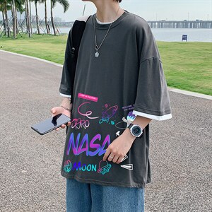 反光太空人短袖T恤男潮牌ins夏季假两件衣服潮流宽松半袖美式复古图片