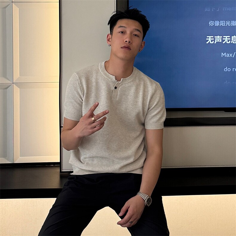 针织短袖V领Polo薄款波罗纹77090-P55,男装Polo衫,电商D342