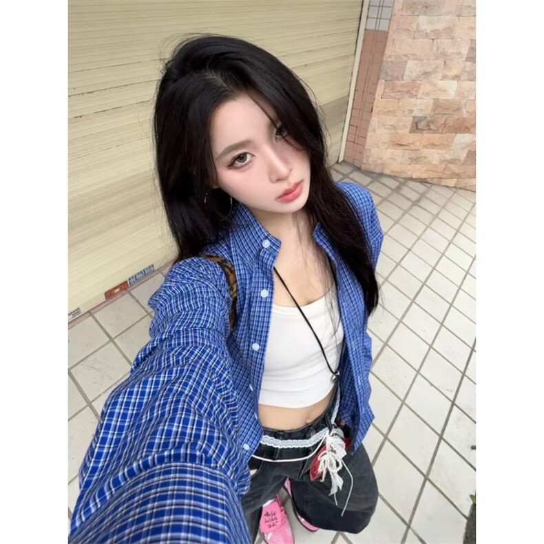 TC735-P45韩系蓝色格子衬衫外套早秋穿搭学院风宽松叠穿打底外套，男装T恤，星座617A-2