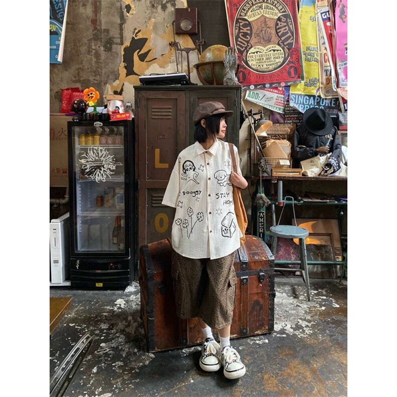 TC513-P35美式复古学院风狗狗涂鸦短袖衬衫百搭情侣上衣,男装T恤,星座617A-2