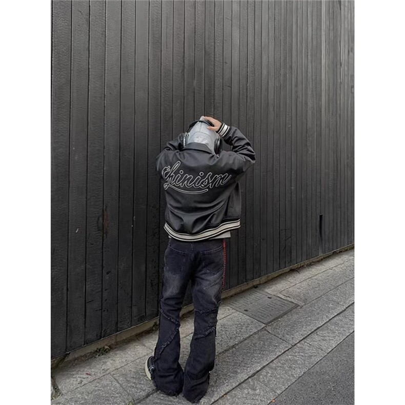 美式高街复古翻领PU皮刺绣飞行员夹克男女潮牌休闲春秋棒球服外套,男装夹克,星座506A