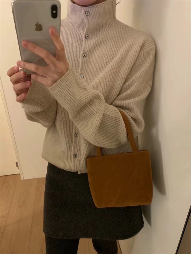 法式气质宽松高领针织开衫女秋冬显瘦系扣毛衣外套羊毛衫,女装羊毛衫,圣旺供货