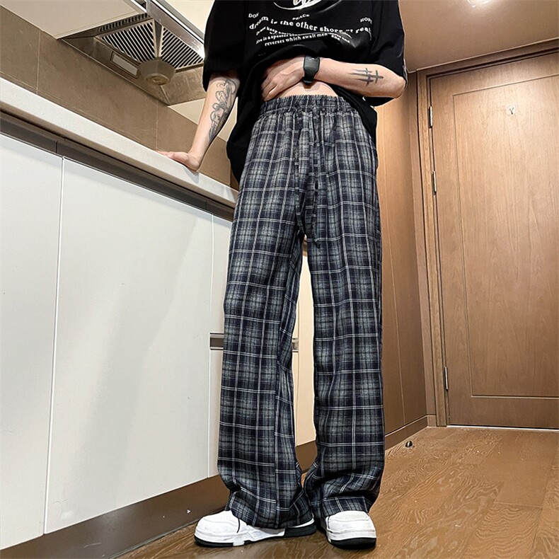 现货宽松直筒慵懒格子大码阔腿裤休闲裤DSA059-ZK7950-P45控68,男装休闲裤,电商A059