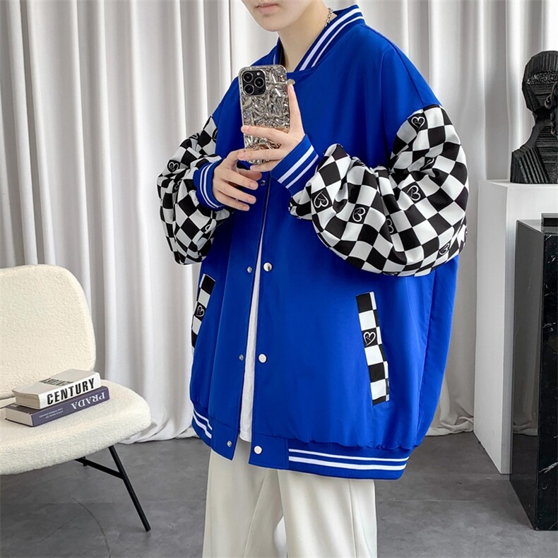 秋季美式潮流格子拼接棒球服外套男宽松夹克情侣上衣JK02226-P65,男装夹克,星座308B-1