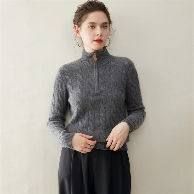 2025年秋季新款百搭女士半拉链提花加厚保暖羊绒衫，女装羊绒衫，纳丰羊绒
