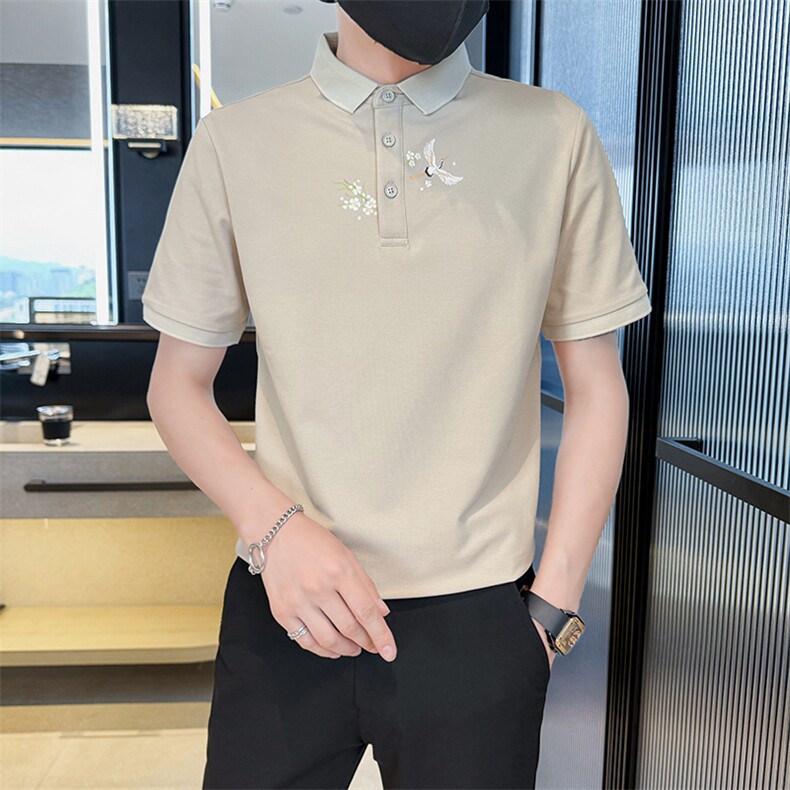 主推款2025夏季新款仙鹤印花风短袖T恤翻领Polo衫男T6077-P48图片