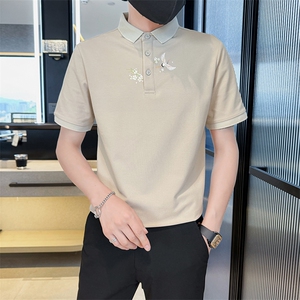 主推款2025夏季新款仙鹤印花风短袖T恤翻领Polo衫男T6077-P48图片