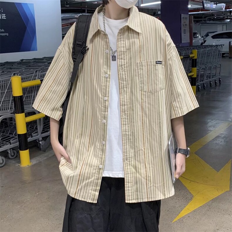 2022春秋季潮牌宽松衬衣日系复古条纹短袖衬衫男外套W3044-P30,男装衬衫,星座512-2