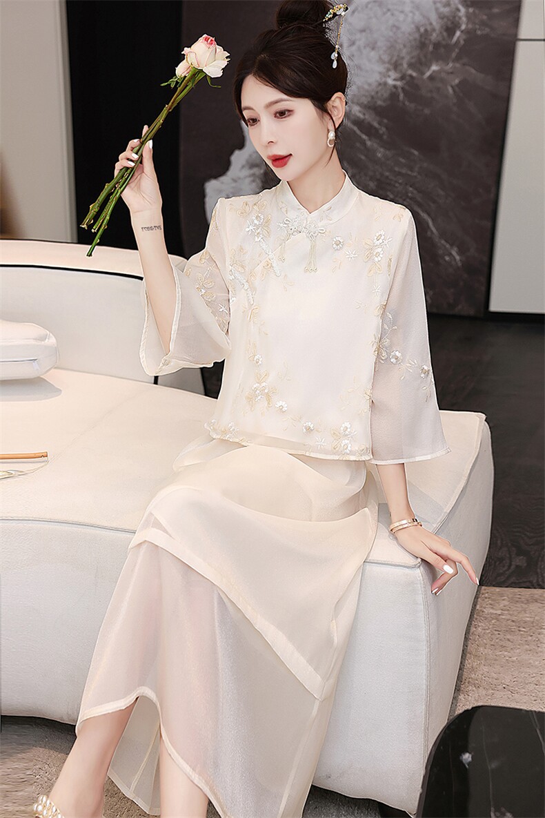 新中式国风刺绣套装裙女2024夏季新款五分袖改良旗袍半身裙两件套,女装套装/套裙,润尚靓点