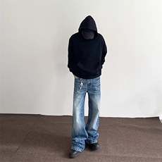 美式高街vibe闪电爆裂纹蓝色牛仔裤男潮直筒微喇cleanfit显瘦裤子，男装牛仔裤，星座516A