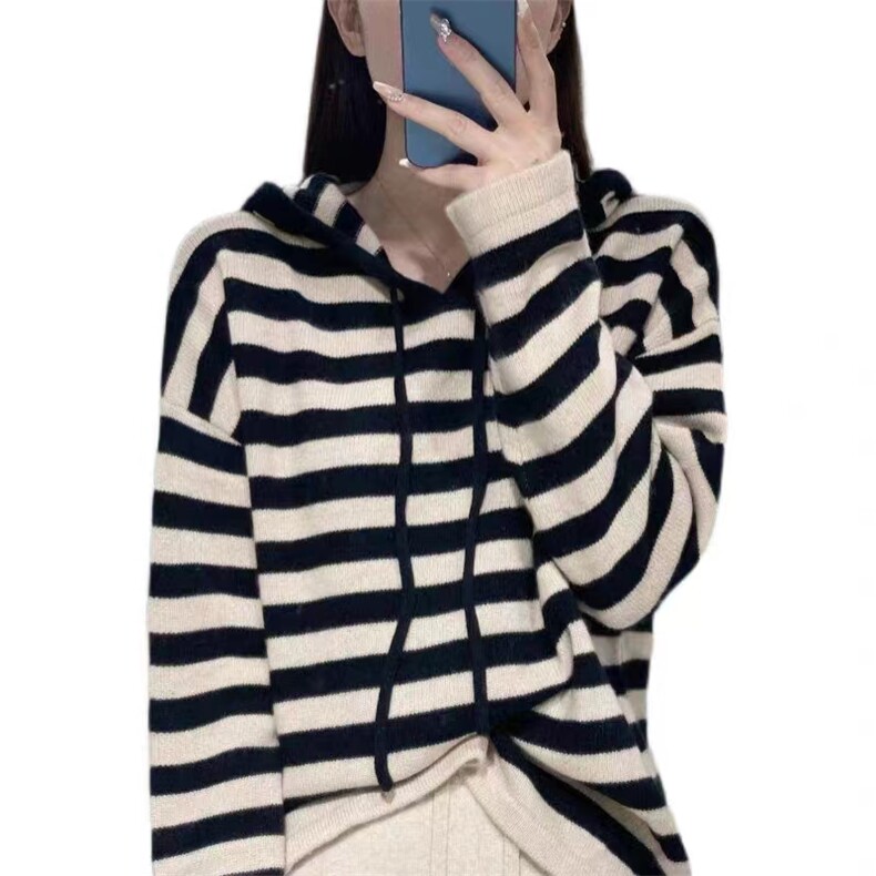 松弛感羊毛衫女条纹连帽时尚针织上衣洋气减龄宽松针织衫,女装羊毛衫,悦玛羊绒